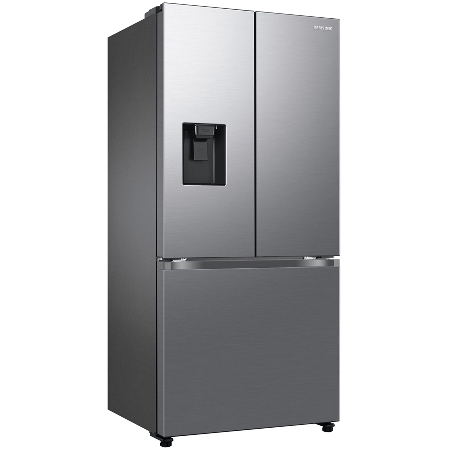 Refrigerador Samsung de puerta francesa plateado con dispensador de agua en la puerta izquierda.