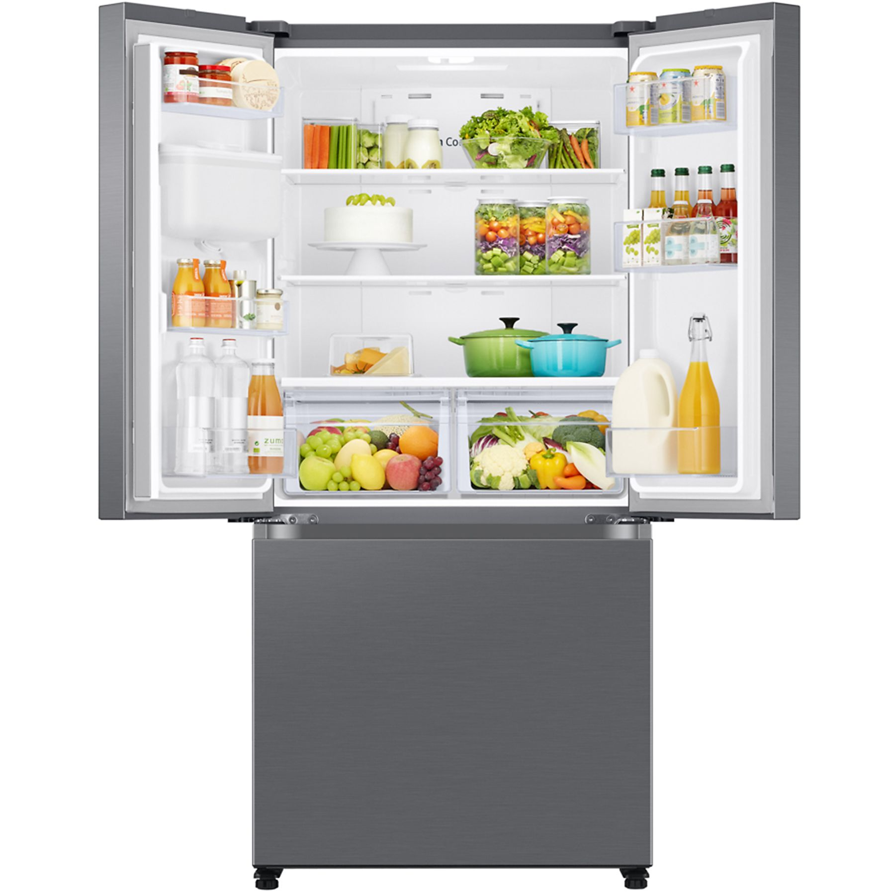 Refrigerador abierto de acero inoxidable con alimentos visibles en su interior. Contiene frutas, verduras y bebidas.