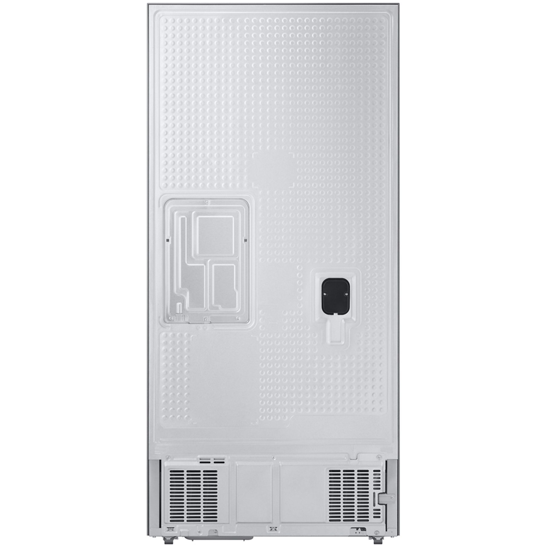 La parte trasera de un refrigerador plateado. Presenta una superficie texturizada, ventilas y un panel de control.