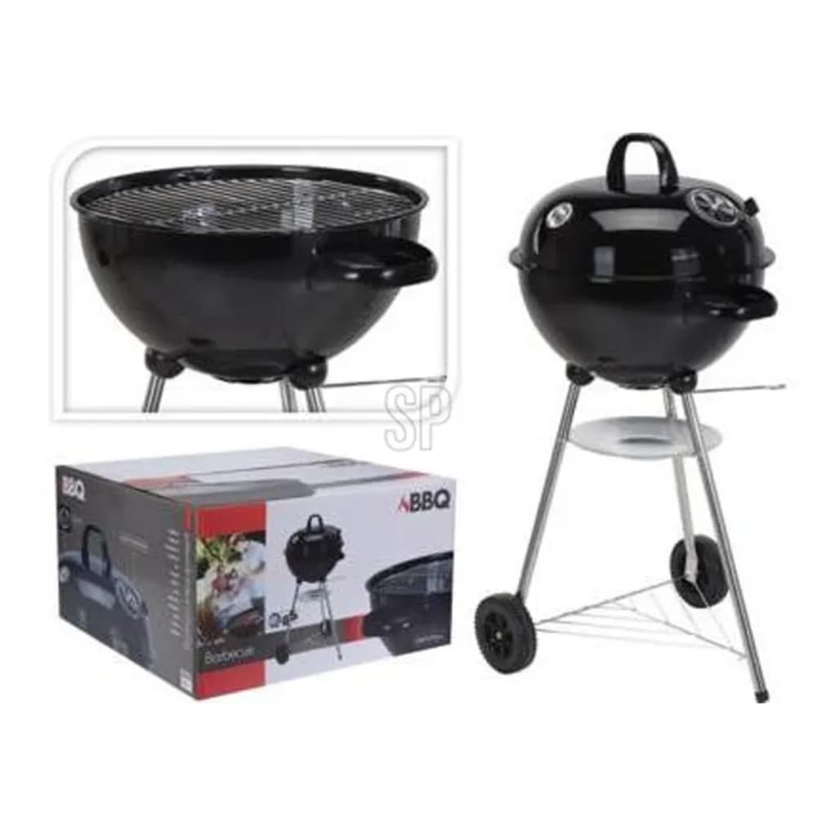 Griglia per barbecue nera con coperchio e ruote, in scatola e immagine ravvicinata.