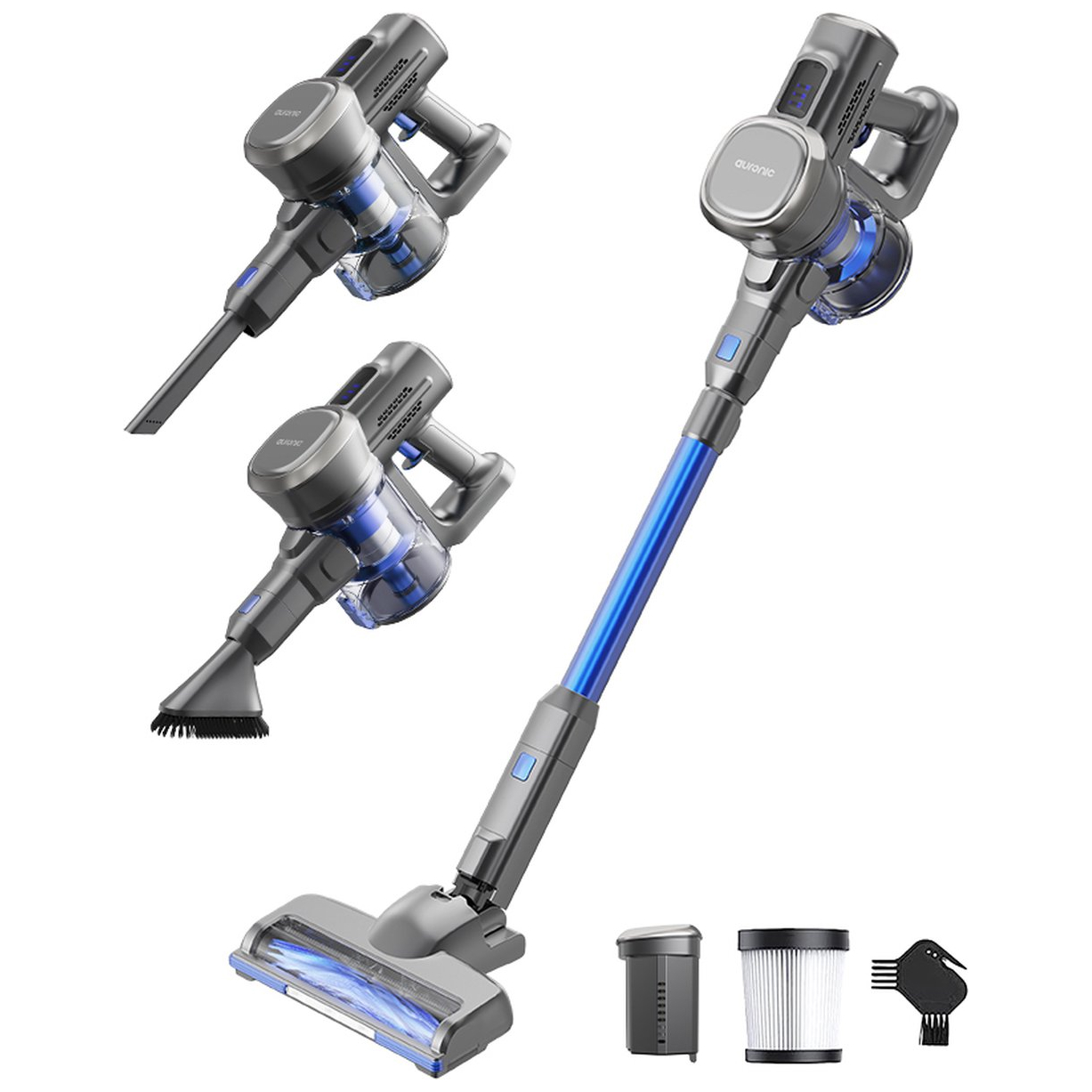 Un aspirateur sans fil avec des pièces détachables, montrant l'unité principale et les accessoires.