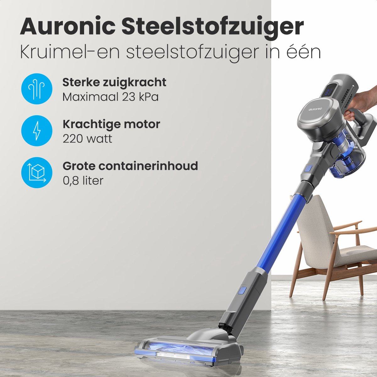 Aspirateur sans fil avec design bleu et noir. Texte : Auronic Steelstofzuiger, Kruimel-en steelstofzuiger en één.