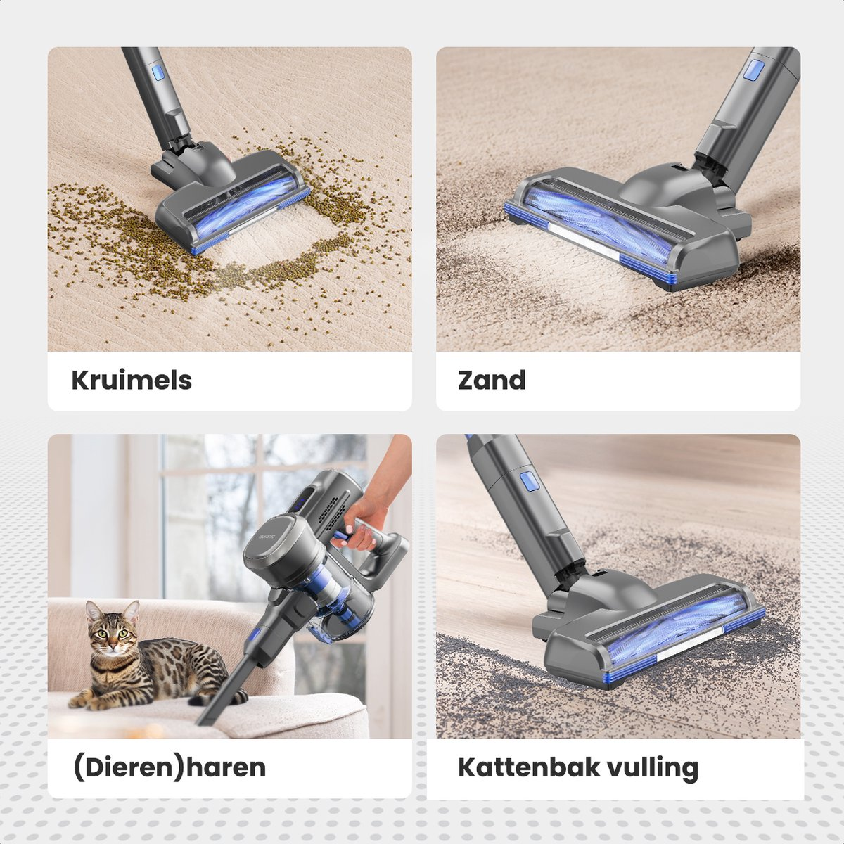 Tête d'aspirateur nettoyant les débris. Quatre images montrent différents types de saletés.