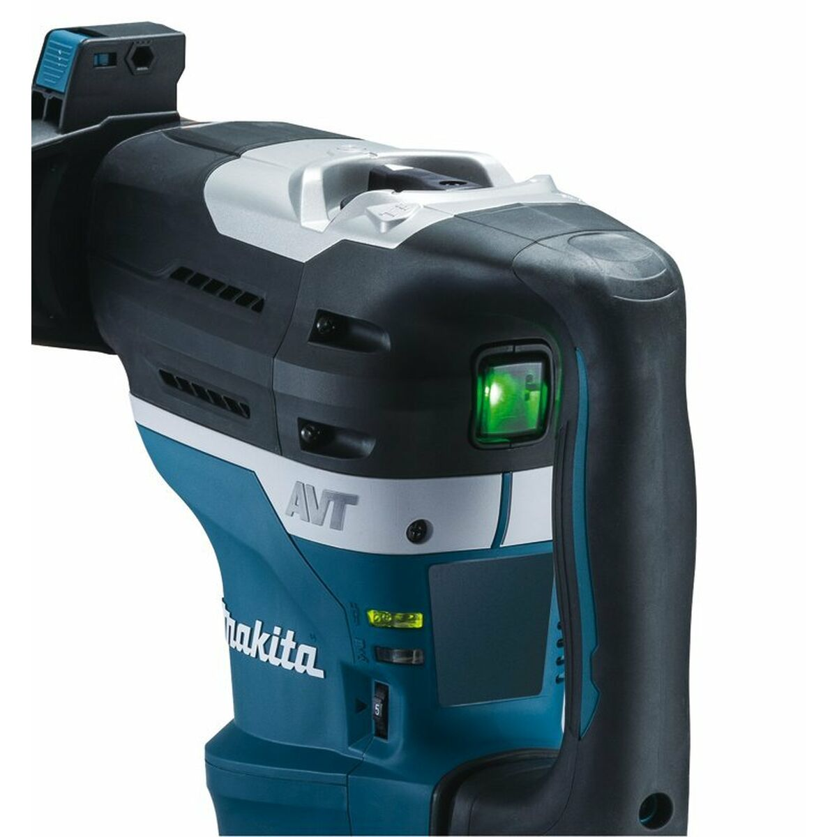 Primo piano di un trapano a martello rotante Makita. L'utensile è nero, argento, verde acqua e ha una luce verde.