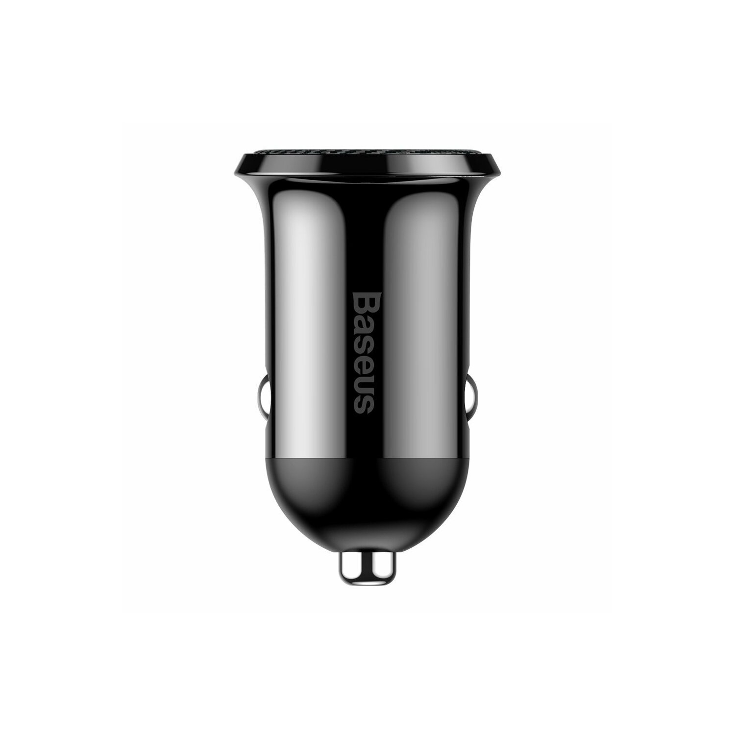Ładowarka samochodowa Baseus, czarno-srebrna. Pokazuje logo Baseus.