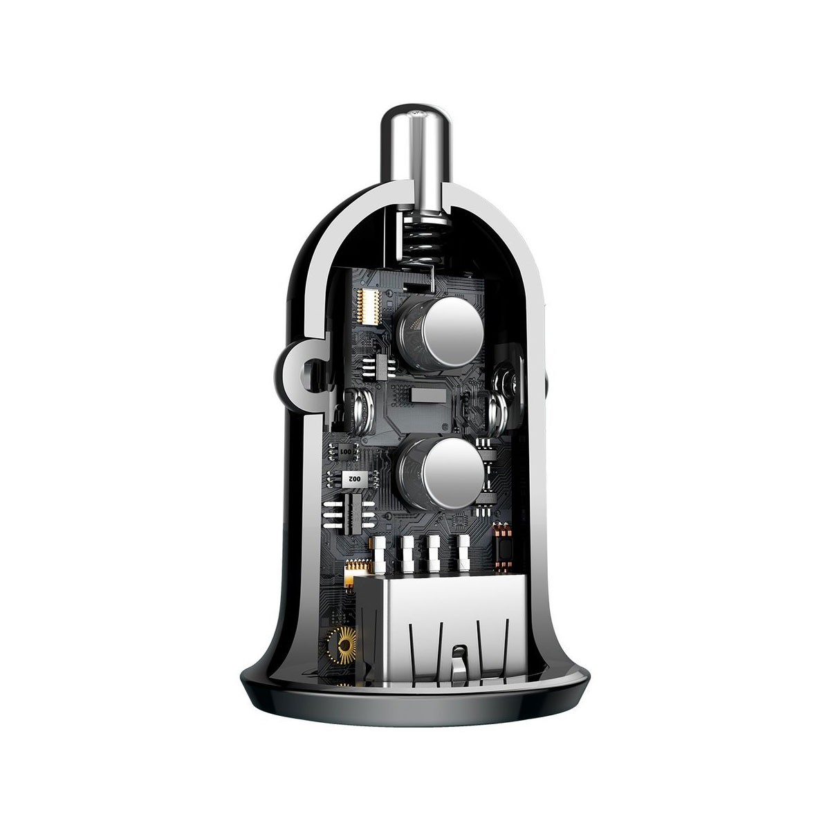 Przekrojony widok czarnej ładowarki samochodowej, pokazujący wewnętrzne komponenty.