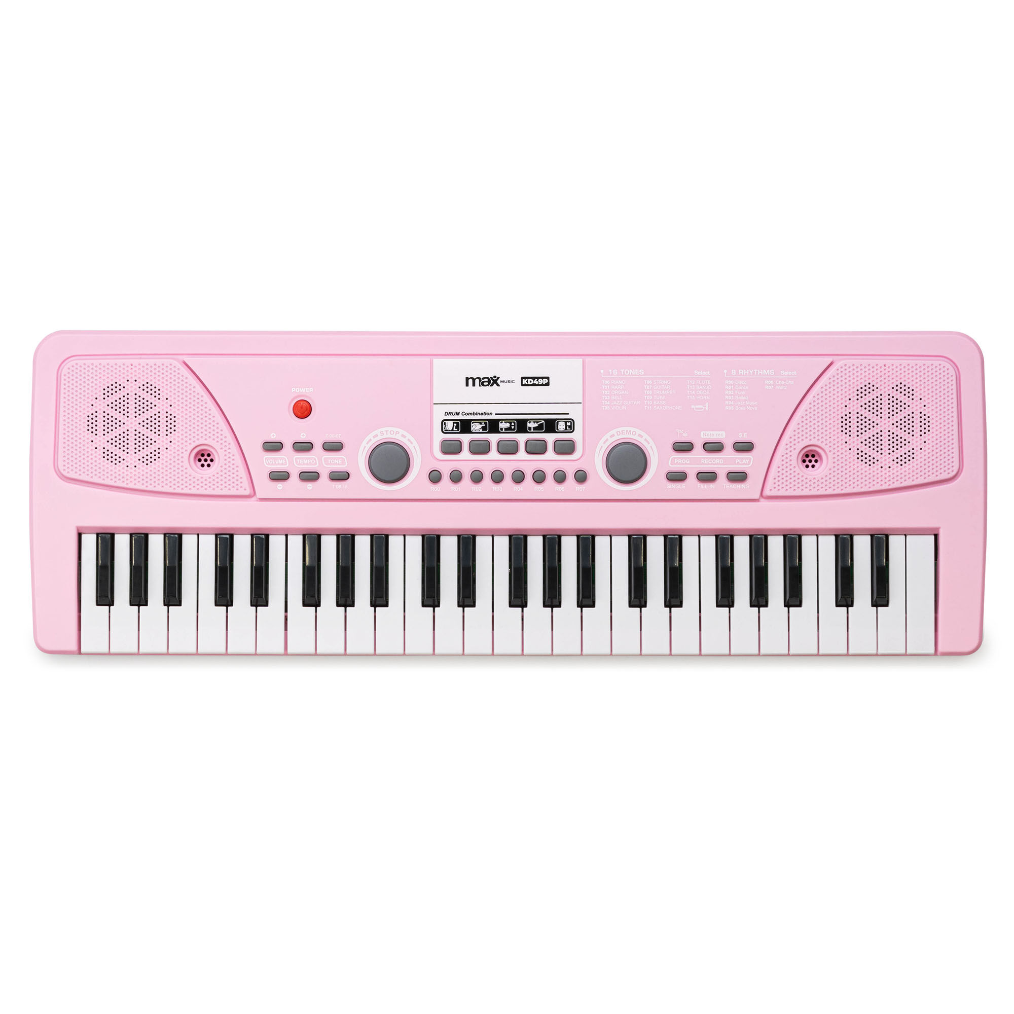 Roze speelgoed piano met zwarte en witte toetsen, speakers en knoppen, bovenaanzicht.