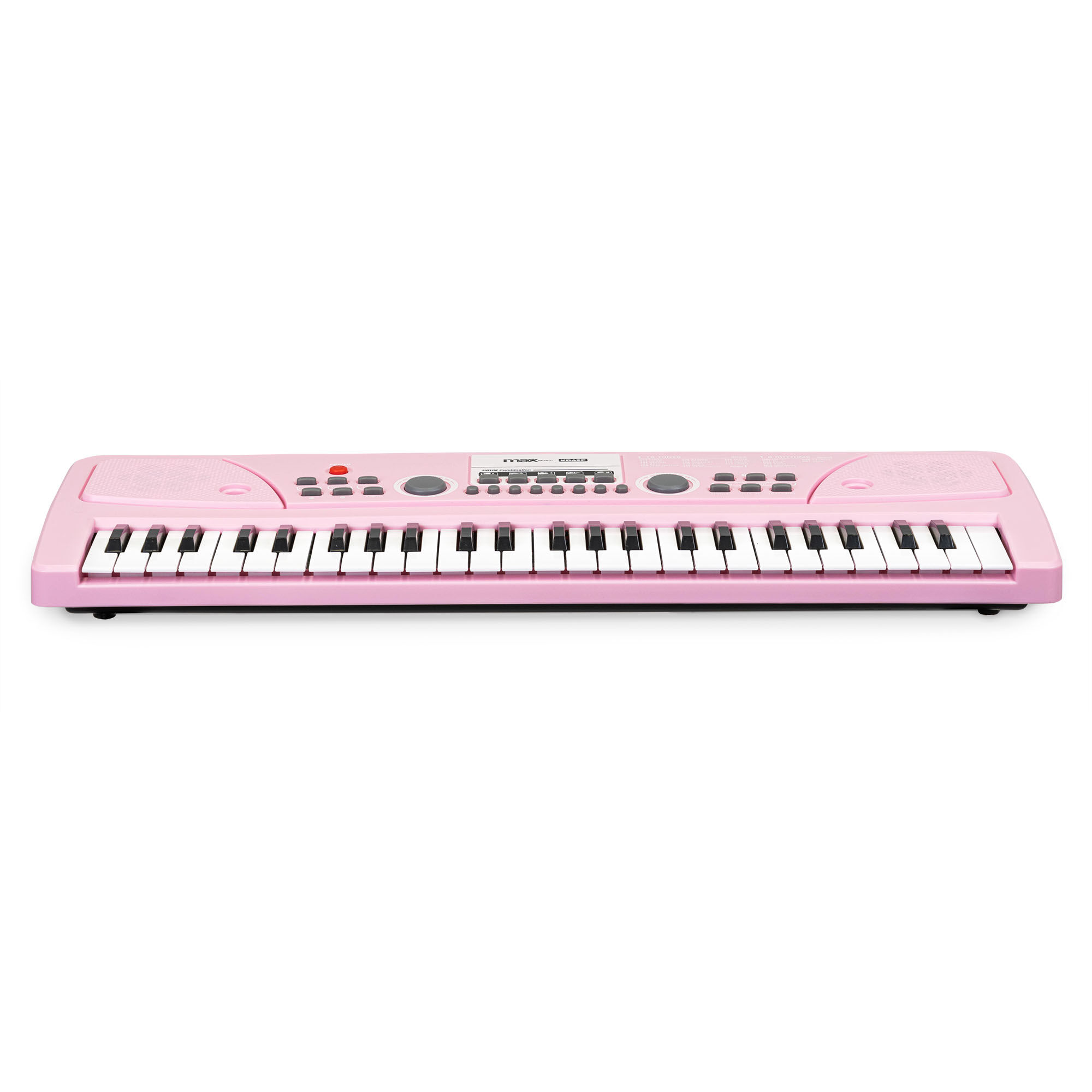 Een roze elektronisch keyboard met zwart-witte toetsen, direct van voren bekeken.