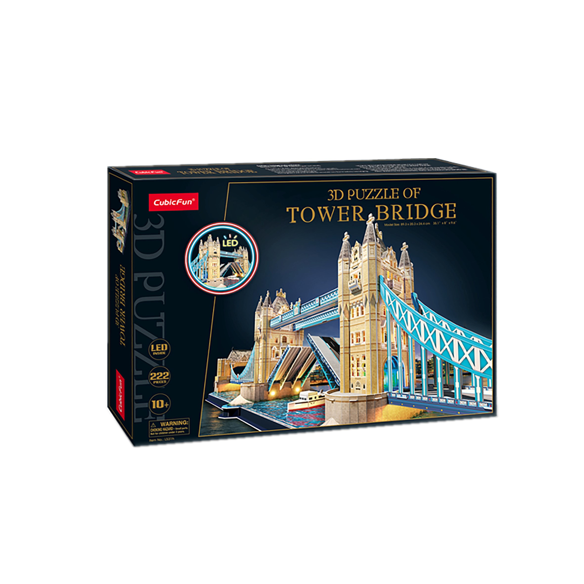 Pudełko z puzzlami 3D Tower Bridge z oświetleniem LED, białe tło.