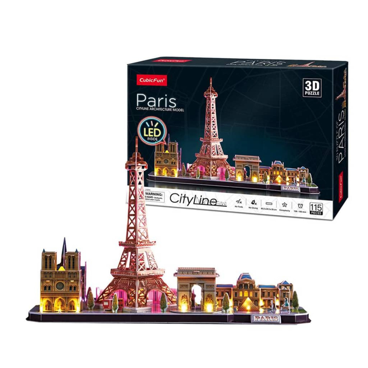 Puzzle 3D Paryża, w tym Wieża Eiffla, Łuk Triumfalny i budynki. Pudełko w tle.