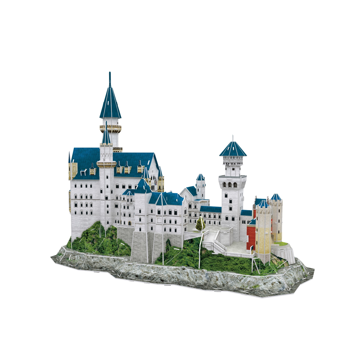 Neuschwanstein kasteelmodel op een witte achtergrond, gedetailleerd en realistisch.