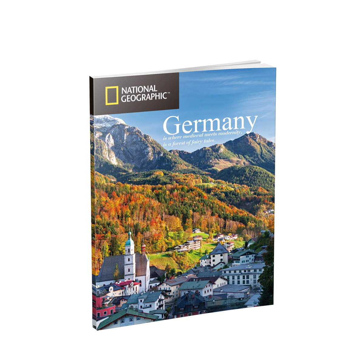 Een National Geographic-boek over Duitsland, met een schilderachtig uitzicht op een stad en bergen.