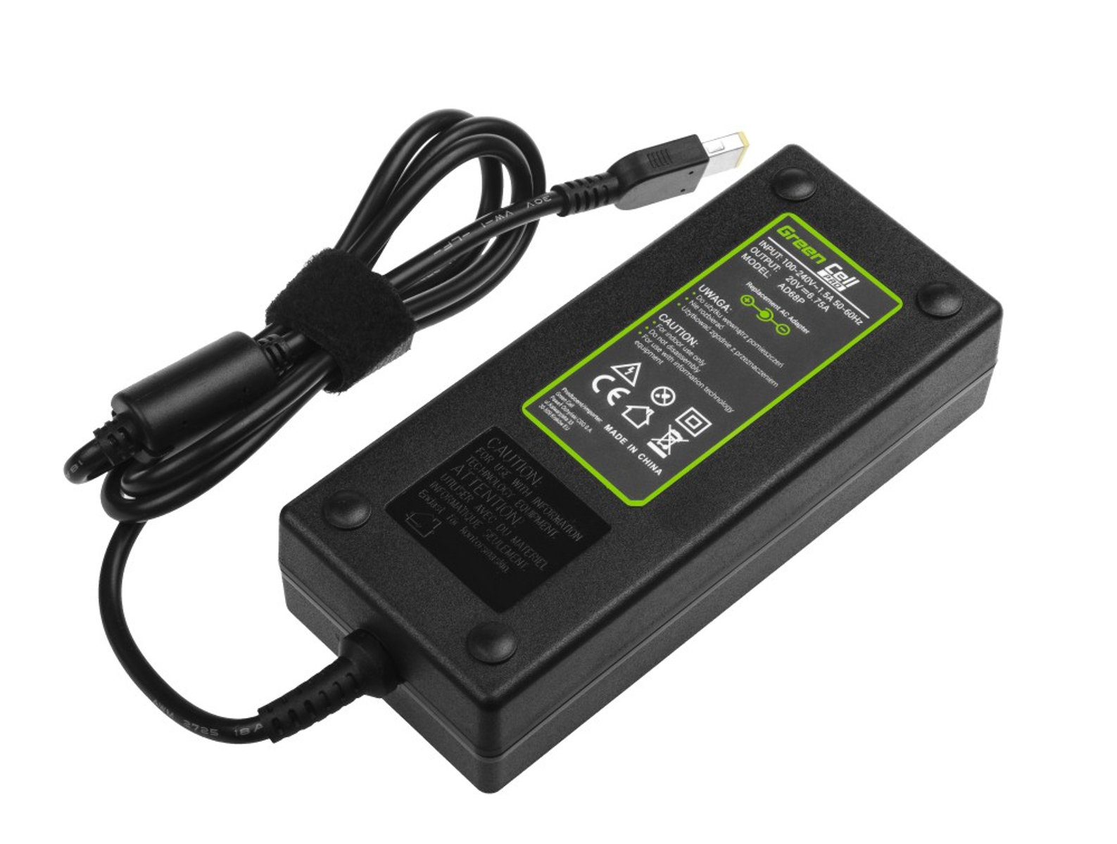 Caricabatterie per laptop nero con etichetta verde e cavo.