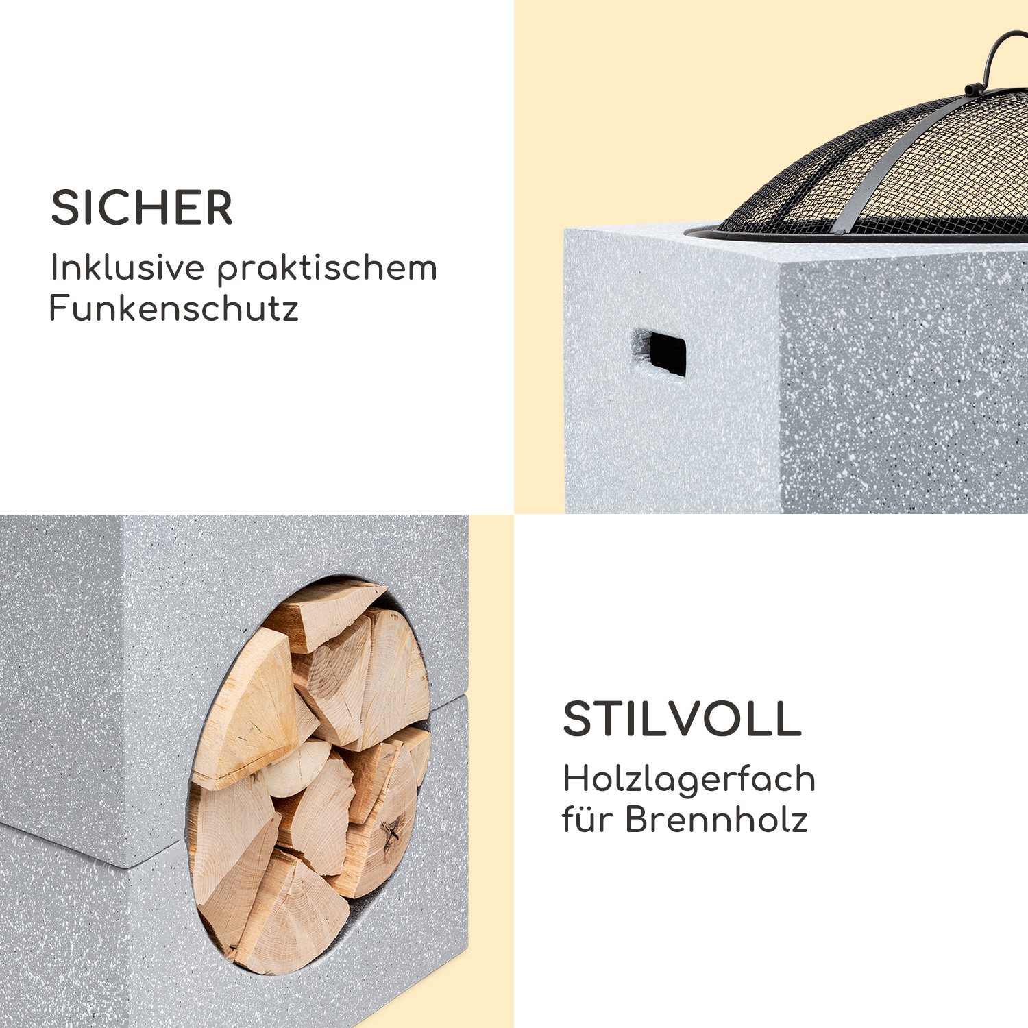 Ein Feuerstelle mit Text auf Deutsch. Die Feuerstelle ist grau mit schwarzem Maschentop. Brennholz ist sichtbar.