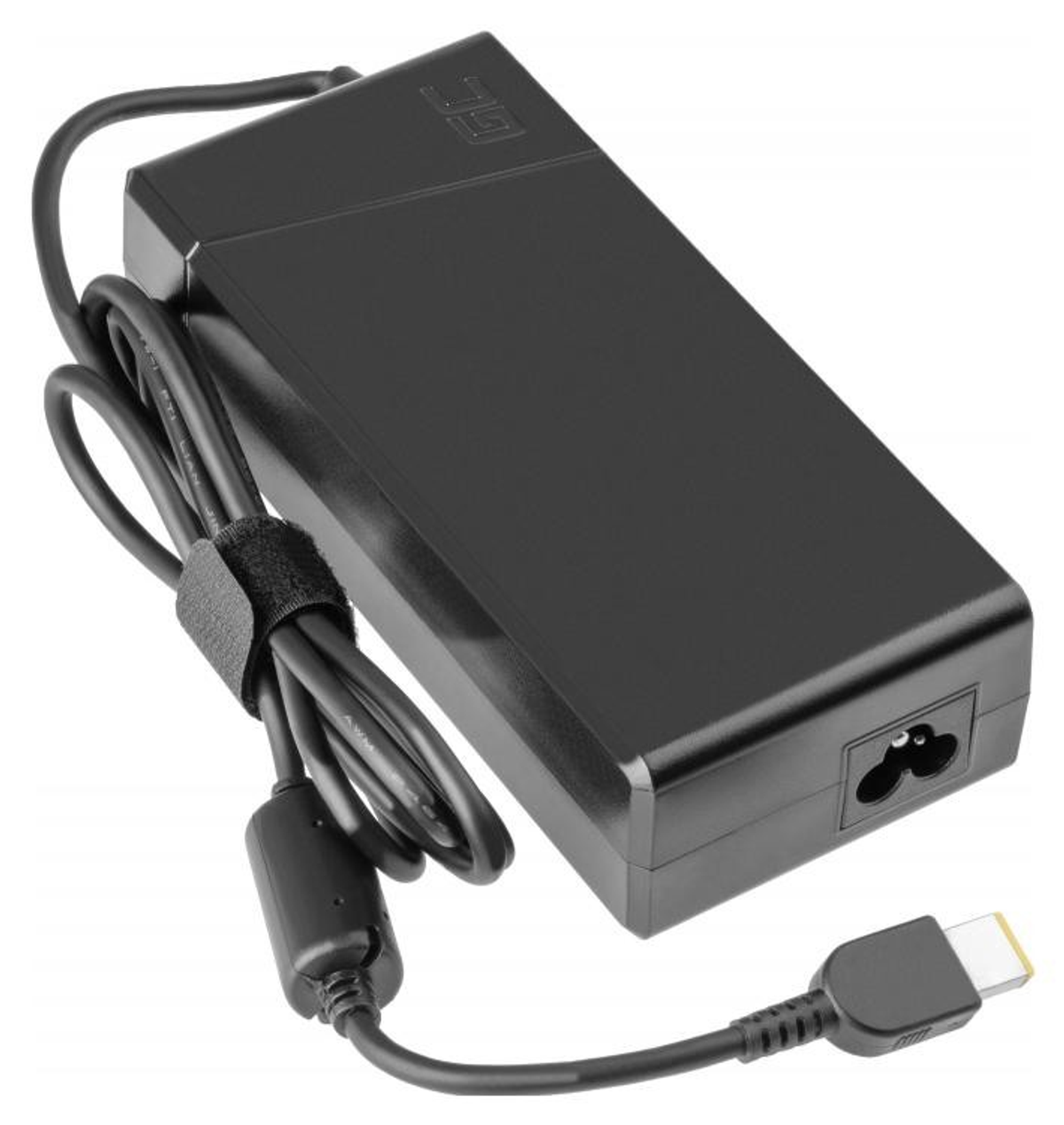Un adattatore di alimentazione nero per laptop con cavo e connettore, vista angolata.