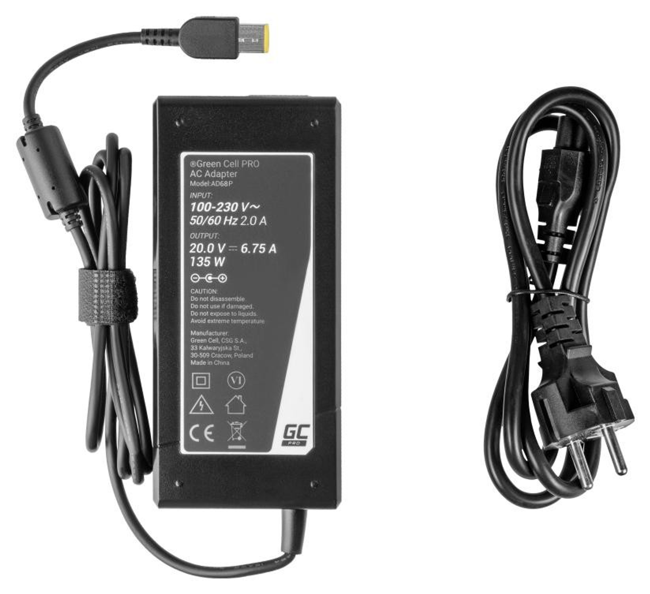 Caricabatterie per laptop con cavo e connettore, nero, con etichette di avvertenza.