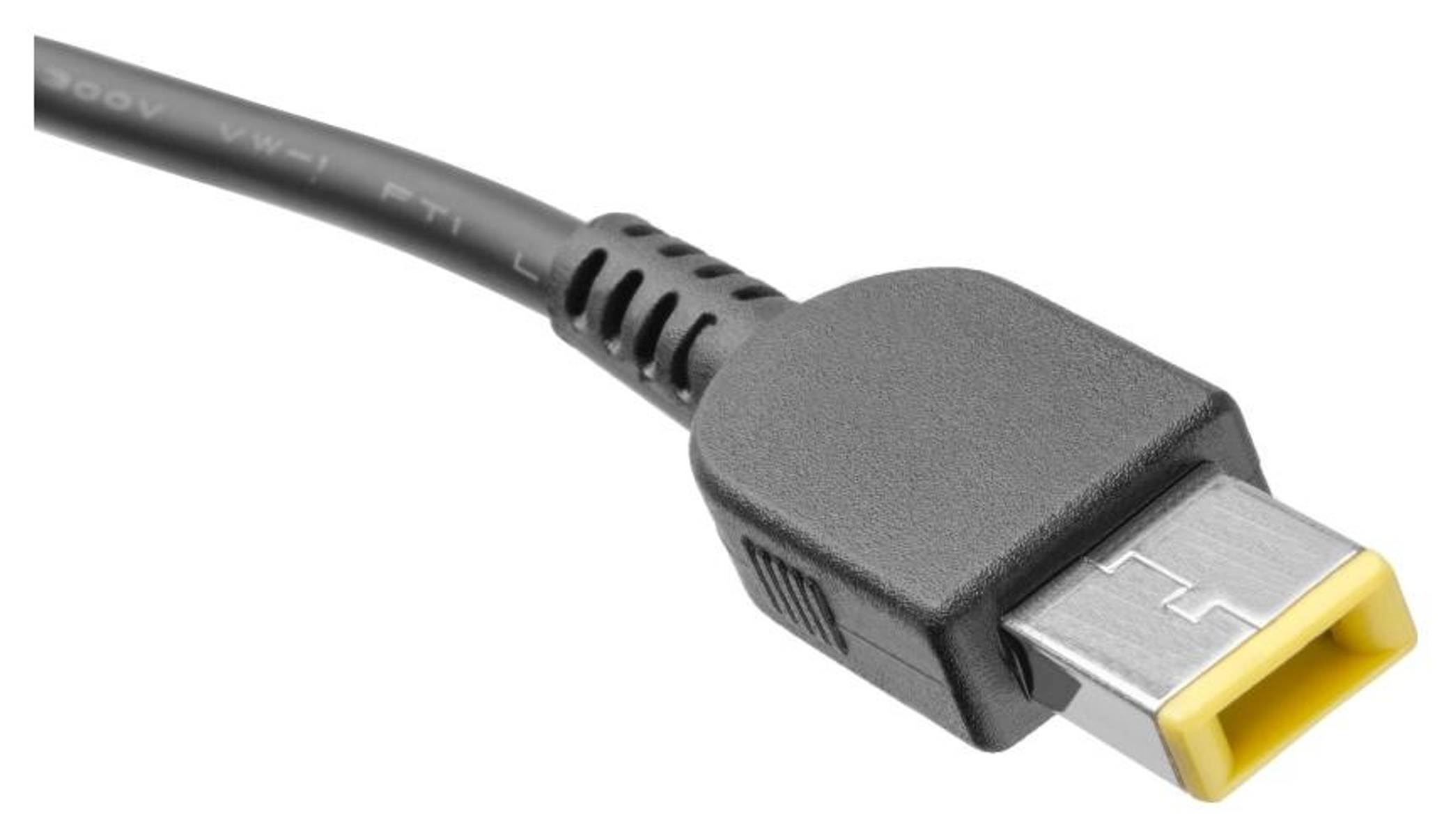 Testina di un caricabatterie per laptop nero con interno giallo e cavo nero.