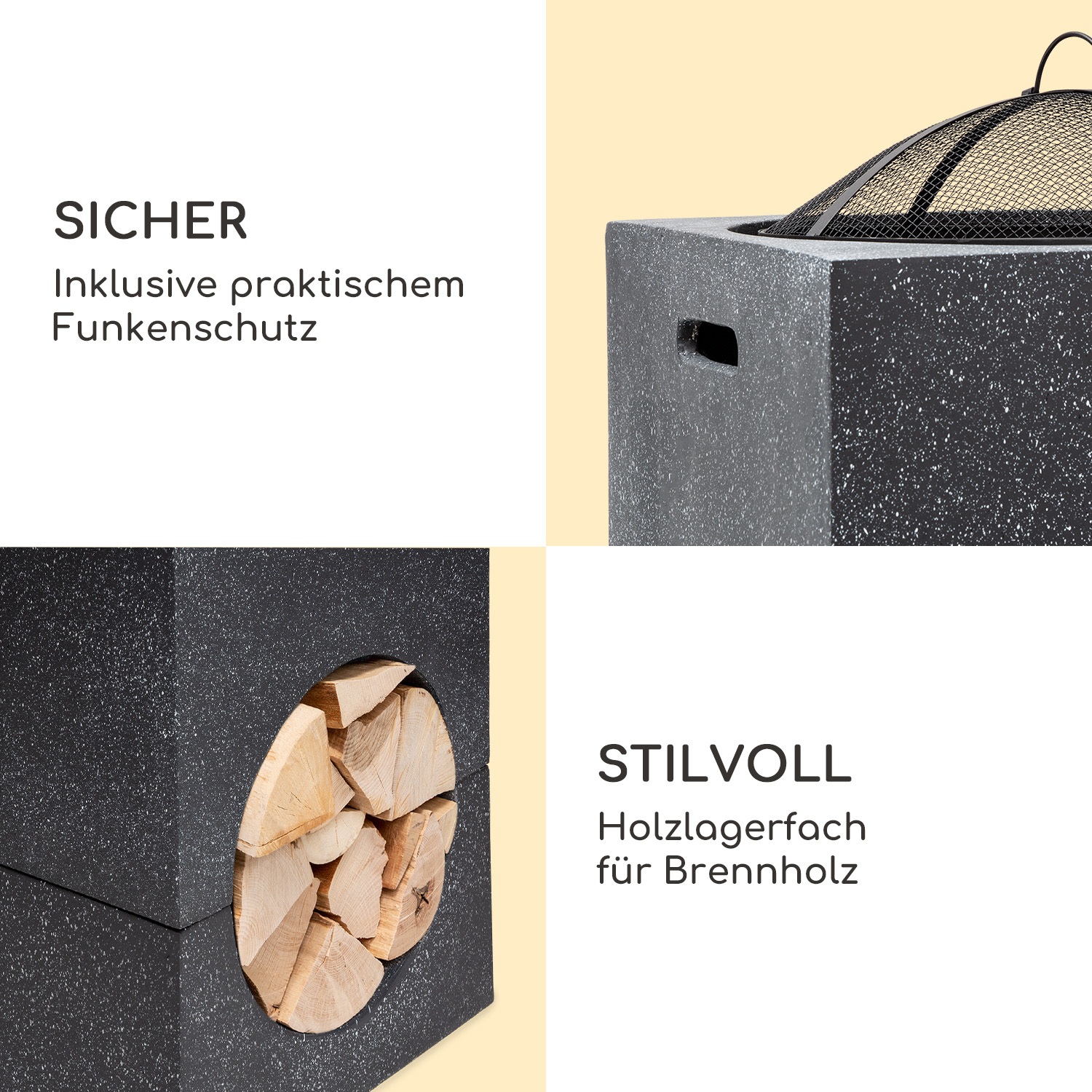 Ein Feuerstelle wird gezeigt. Es hat einen Holzstauraum und einen Funkenschutz. Text sagt 'Sicher' und 'Stilvoll'.