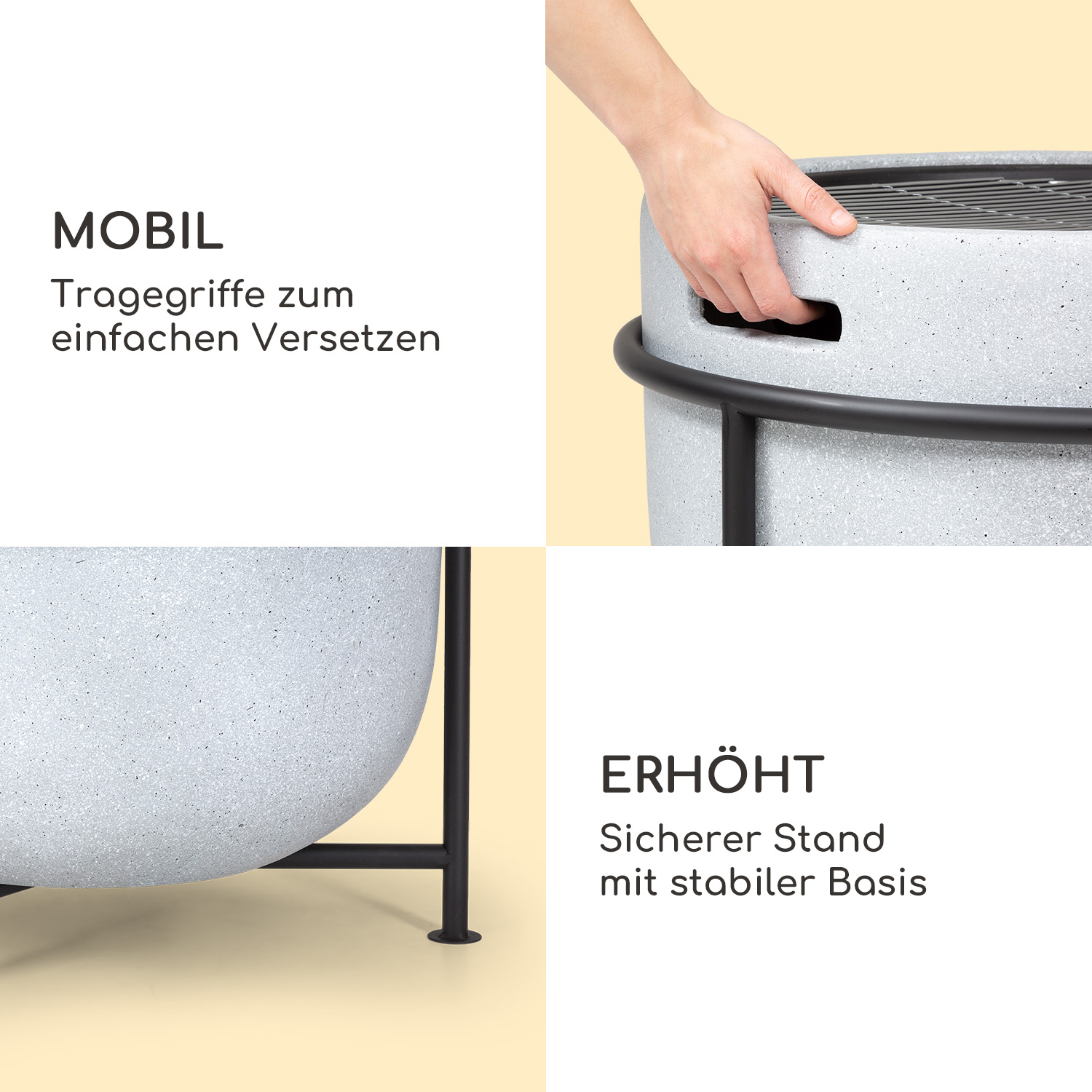 Pflanzgefäß in Betonoptik mit schwarzen Metallbeinen. Hand hält Griff. Text: 'Mobil' und 'Erhöht'.
