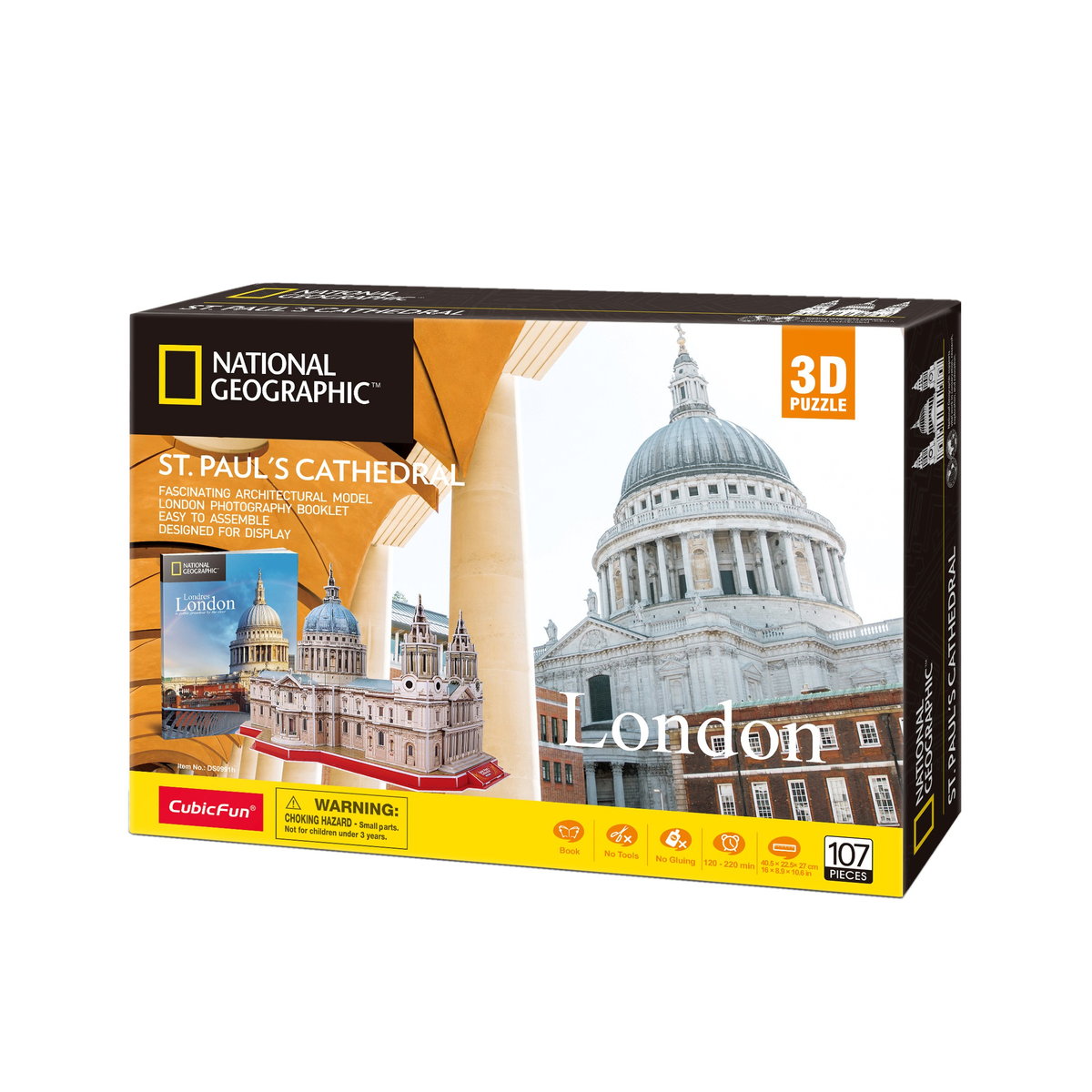 Een 3D-puzzeldoos van St. Paul's Cathedral, Londen. De doos toont het model en de kathedraal.