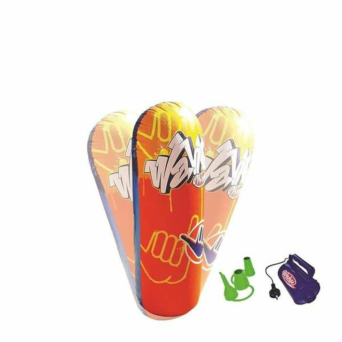 Sacco da boxe gonfiabile con base arancione, graffiti e una pompa viola.