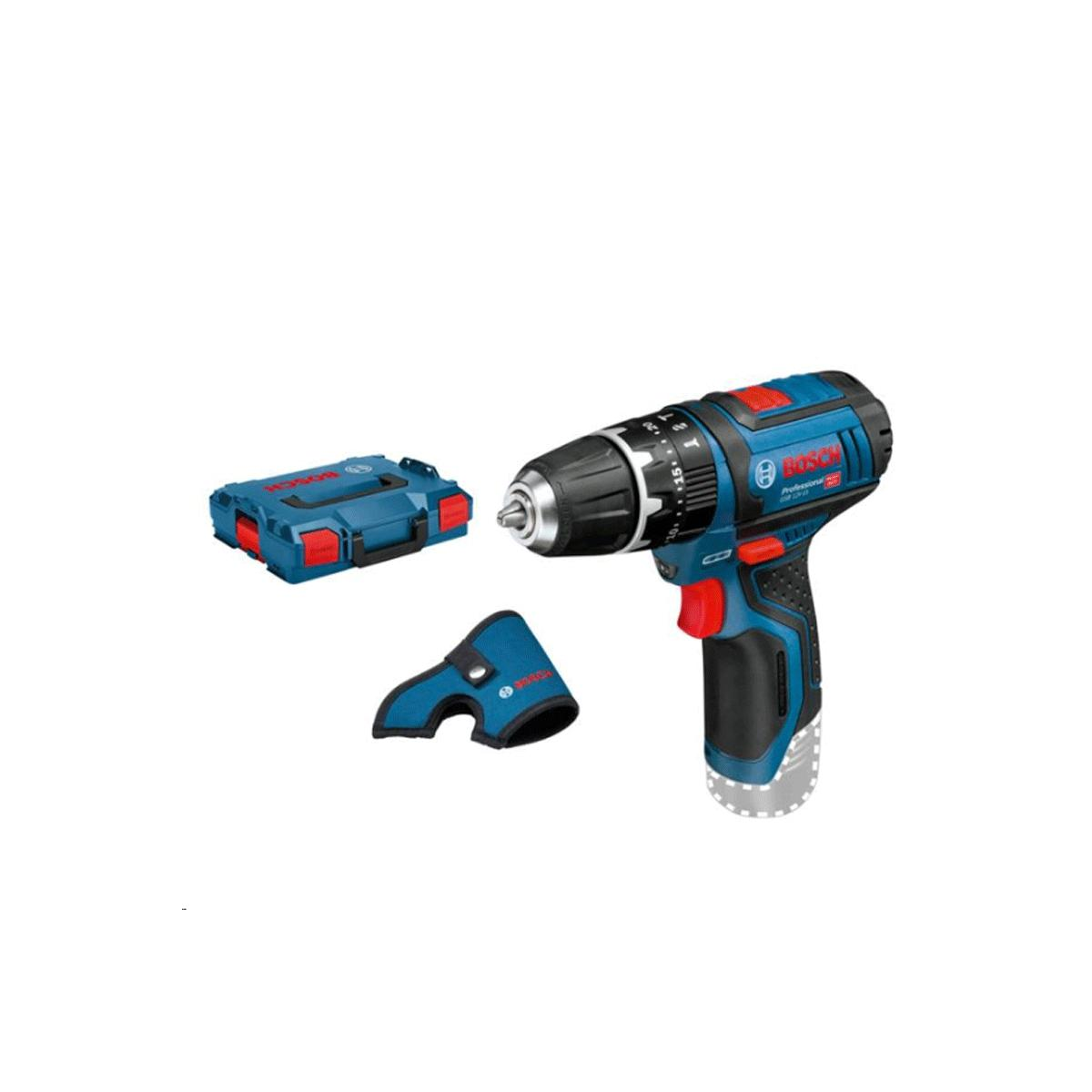 Niebiesko-czarna wiertarka bezprzewodowa z walizką i uchwytem na narzędzia, wszystko na białym tle.