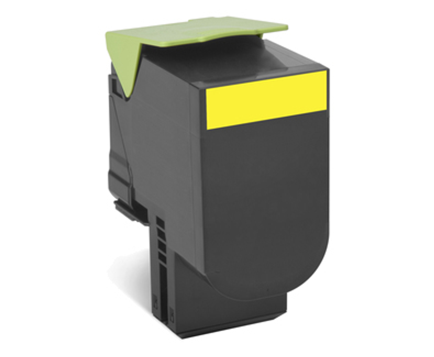 Zwarte en gele inktcartridge op witte achtergrond.