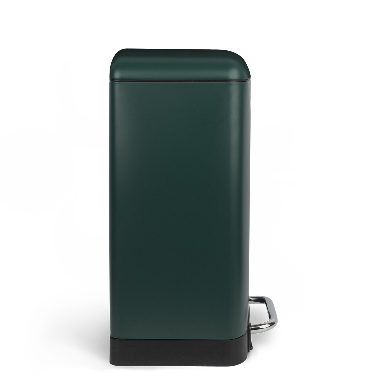 Bidone della spazzatura rettangolare verde scuro con base nera e pedale argentato.