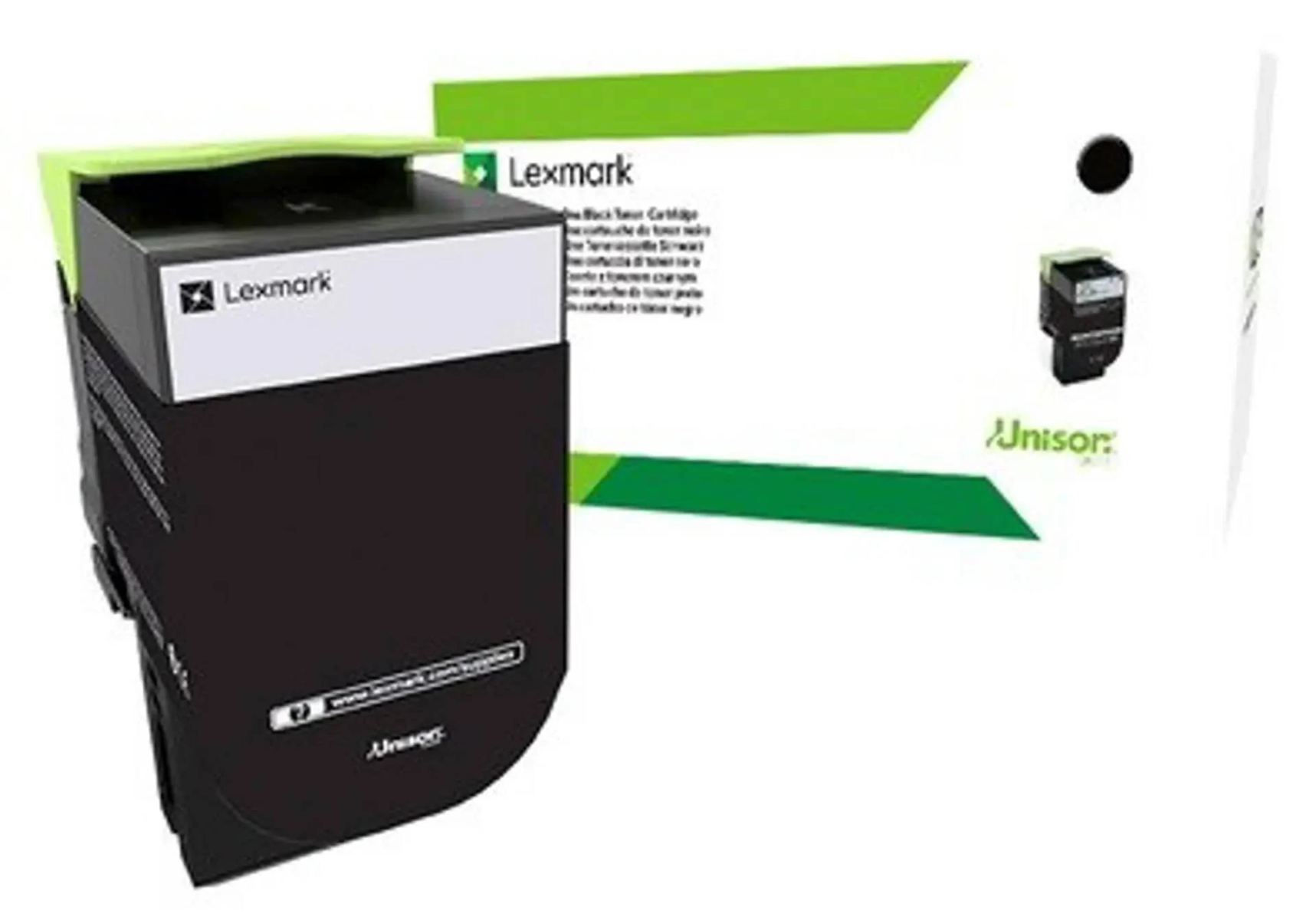 Lexmark zwarte tonercartridge, met de doos ernaast. De doos is wit en groen.