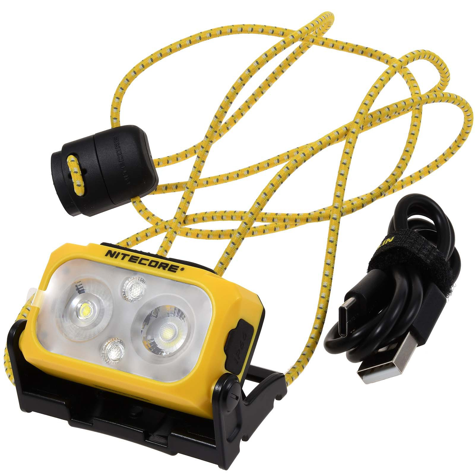 Eine gelbe Nitecore-Stirnlampe mit einem schwarzen USB-Kabel und einem gelb-schwarzen Riemen.