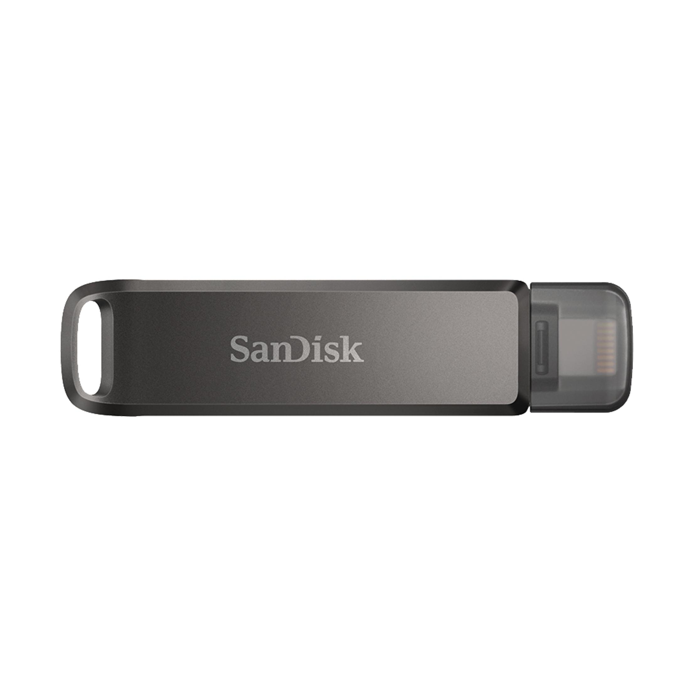 Szary pendrive Sandisk z widoczną nazwą marki.