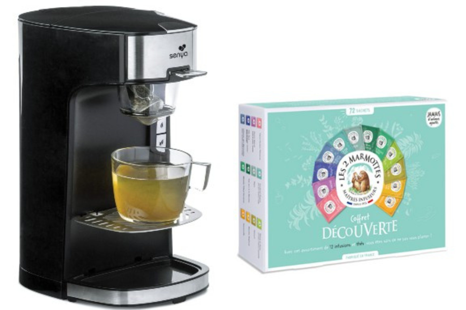 Macchina da caffè Senya nera con bicchiere e scatola di bustine di tè.