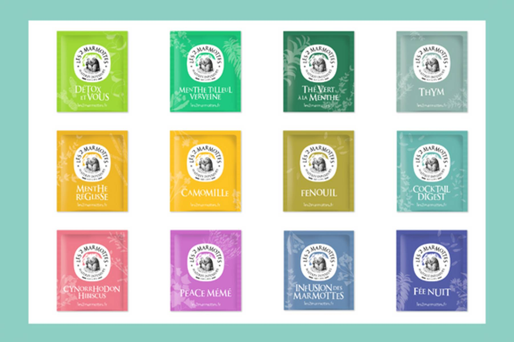 Assortimento di bustine di tè con vari gusti e branding su sfondo verde chiaro.