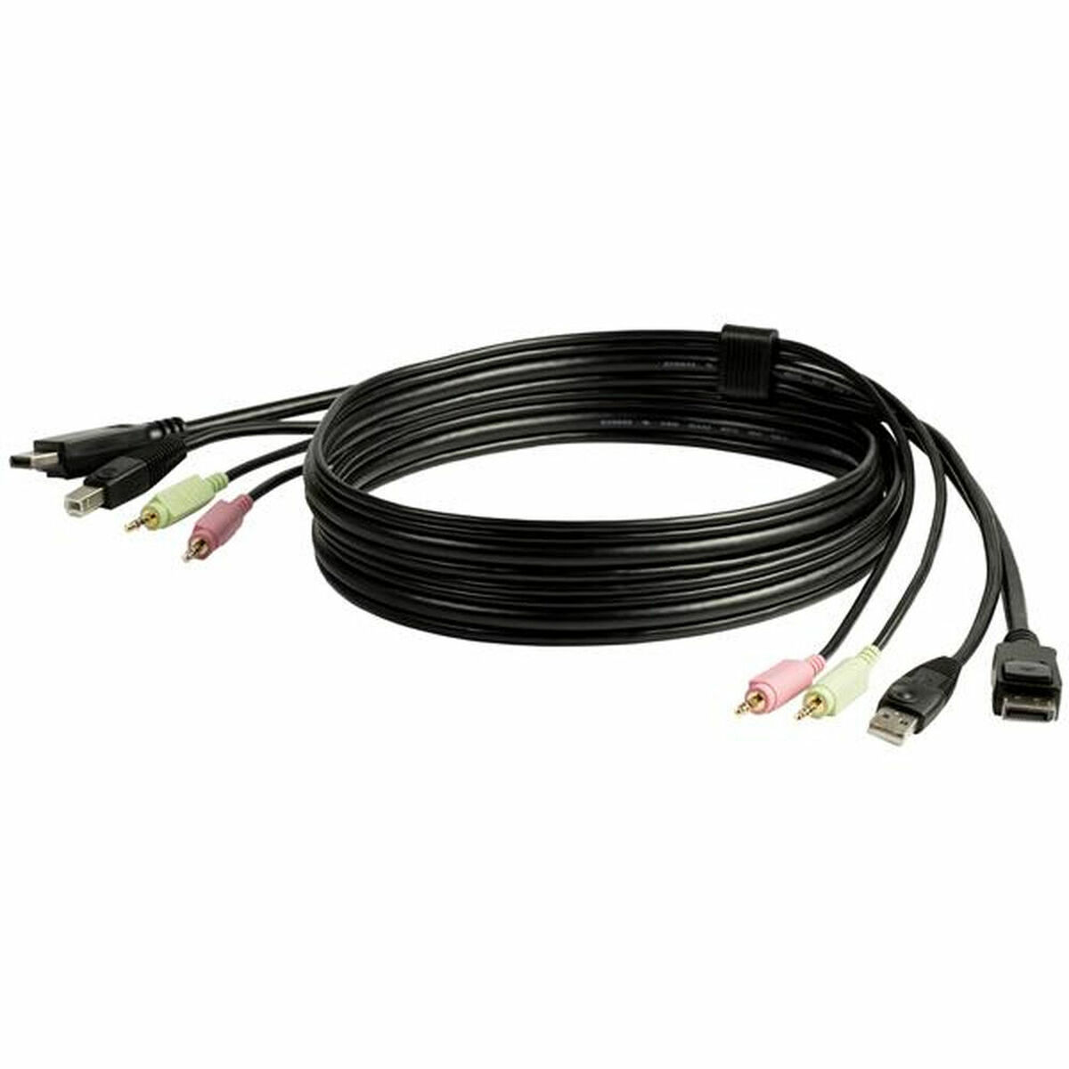 Schwarze Audiokabel mit verschiedenen Steckern, zusammengebündelt.