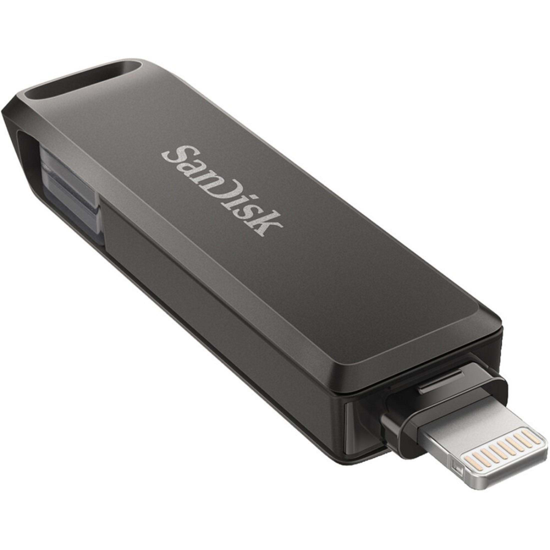 Czarny pendrive Sandisk z złączem Lightning. Szary i czarny. Białe tło.