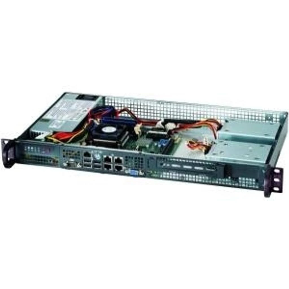 Case server aperto con componenti interni visibili. Include scheda madre e altre parti.