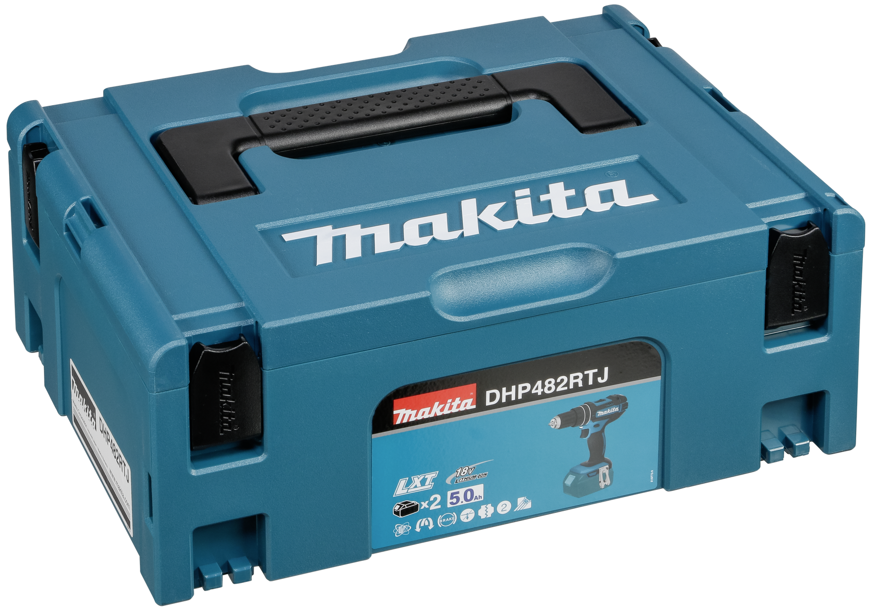 Türkisfarbene Makita-Werkzeugbox mit Bohrmaschine und Etikett.