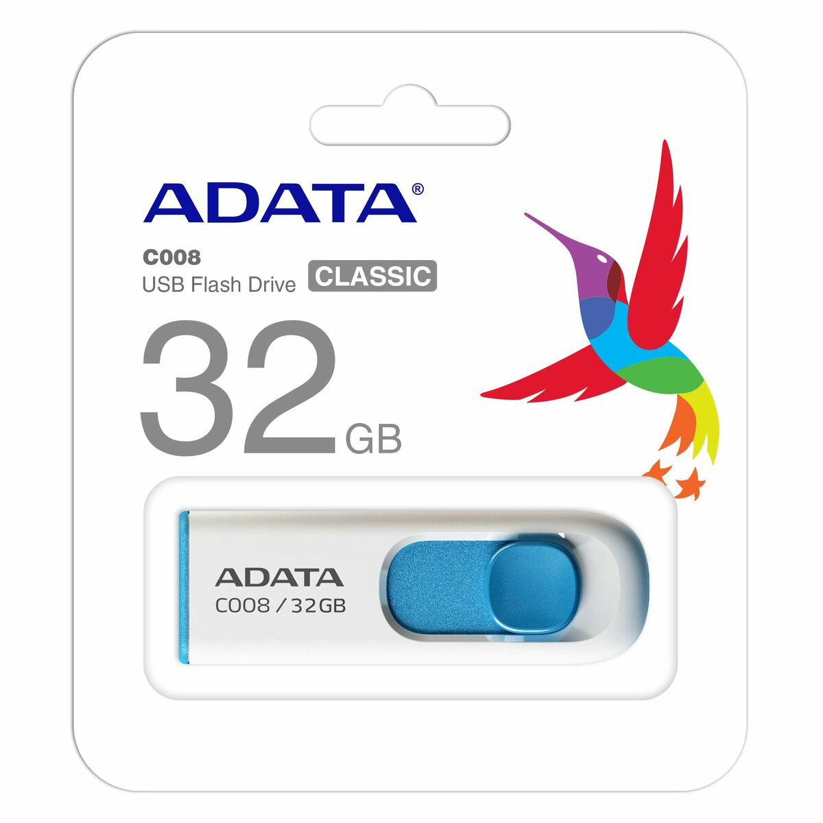 Dysk flash USB ADATA 32 GB w blistrze. Niebiesko-biały design, z wizerunkiem ptaka.