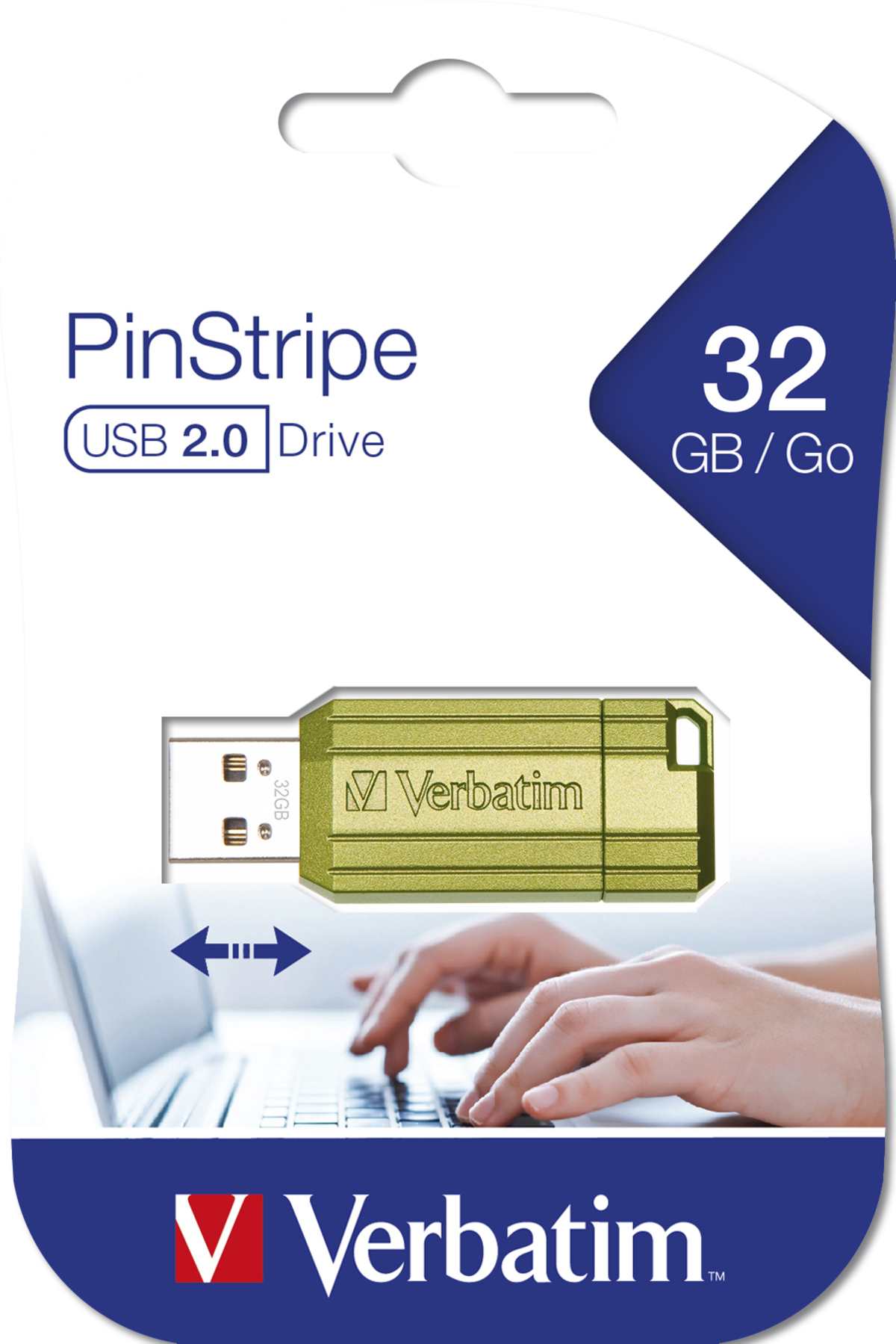 Unità Verbatim 32GB USB 2.0 in una confezione. L'unità è verde con dettagli argentati.