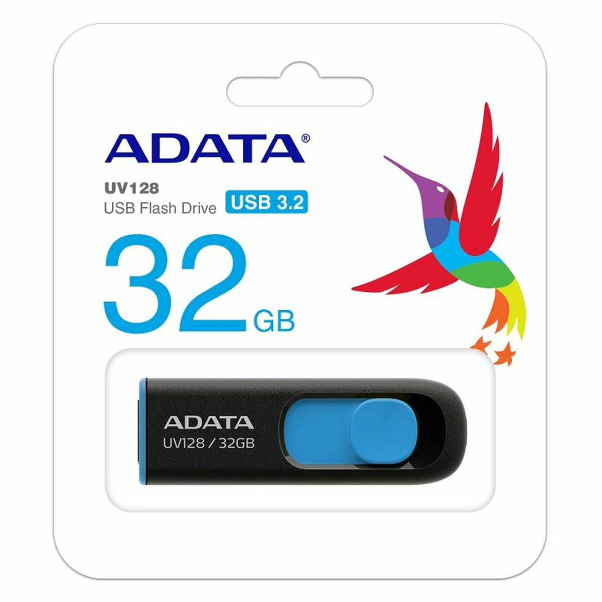 Pendrive z napisami ADATA i 32GB. Niebiesko-czarny design. Grafika kolibra.