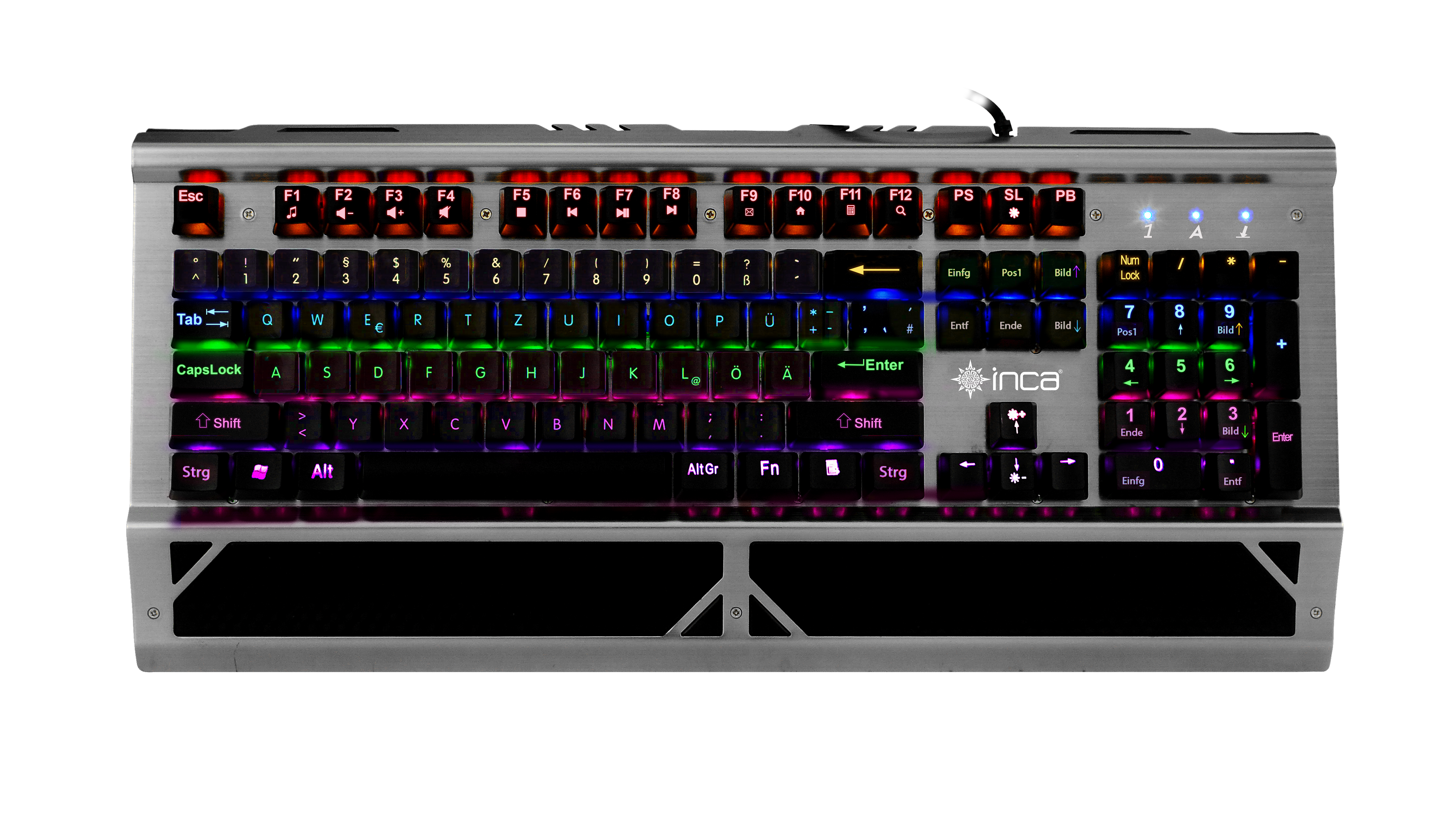Srebrna klawiatura z kolorowymi, podświetlanymi klawiszami. Widoczne logo Inca. Białe tło.