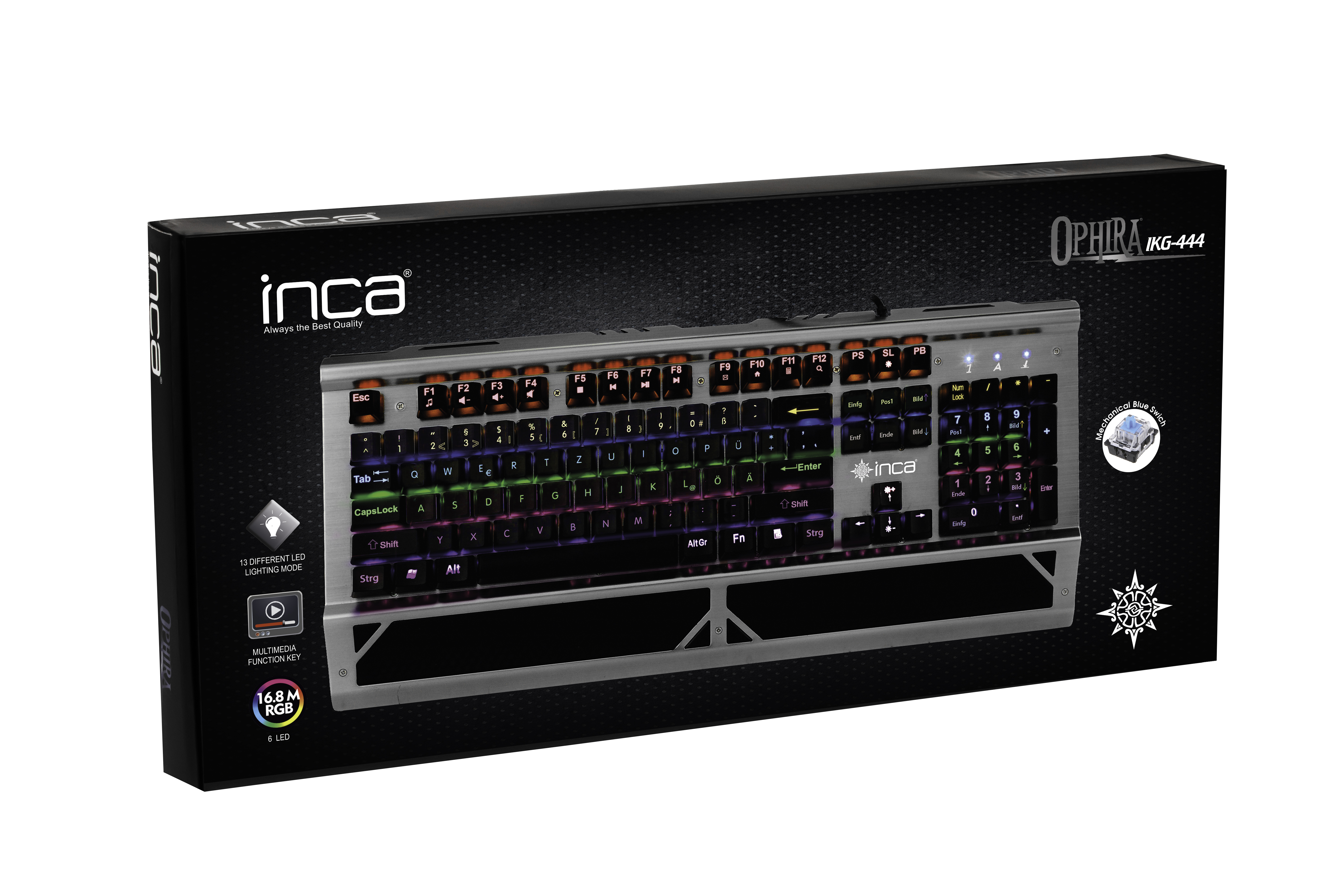 Klawiatura w pudełku. Klawiatura posiada podświetlenie RGB, a marką jest Inca.