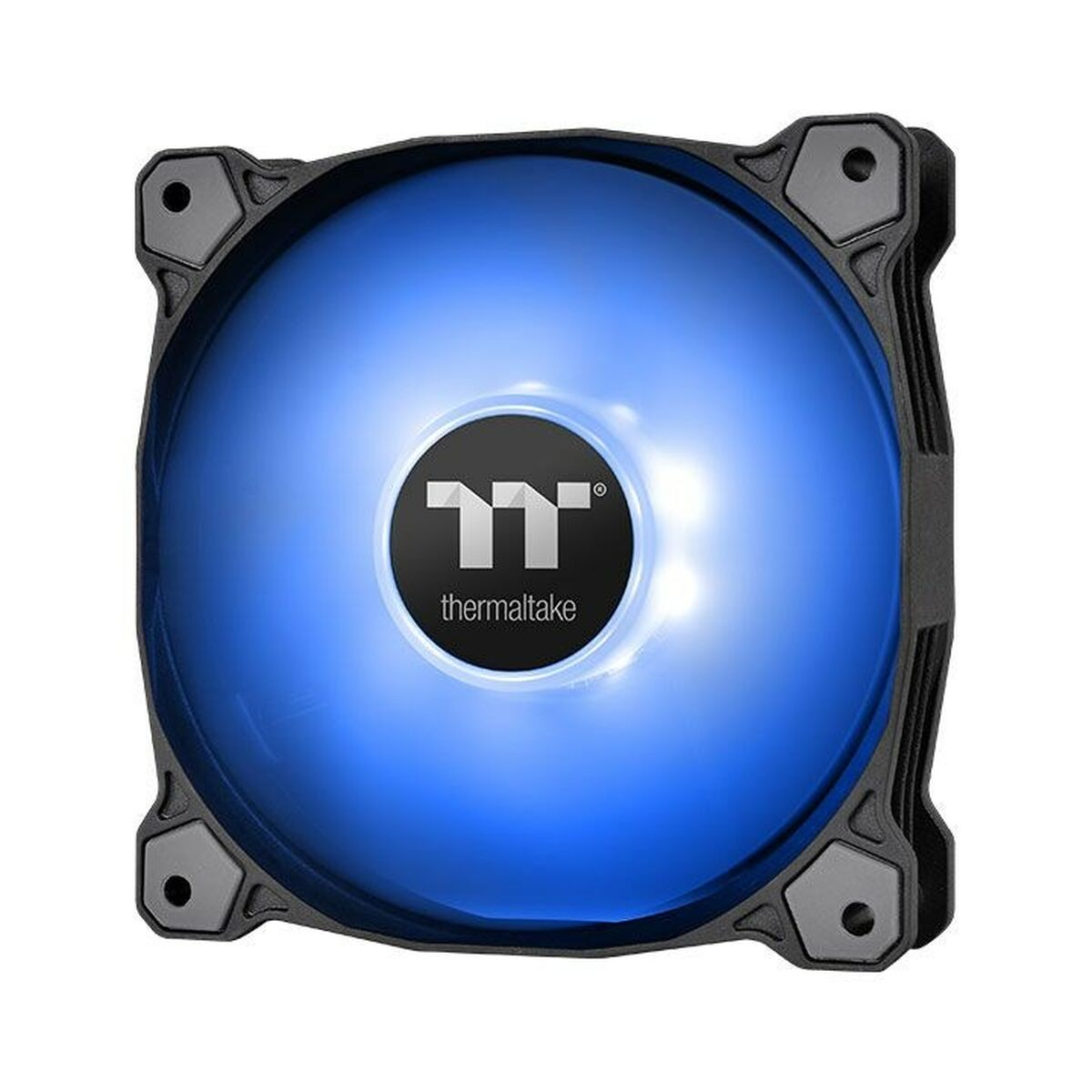 Ventola per computer nera con luce blu brillante. Il logo Thermaltake è al centro.
