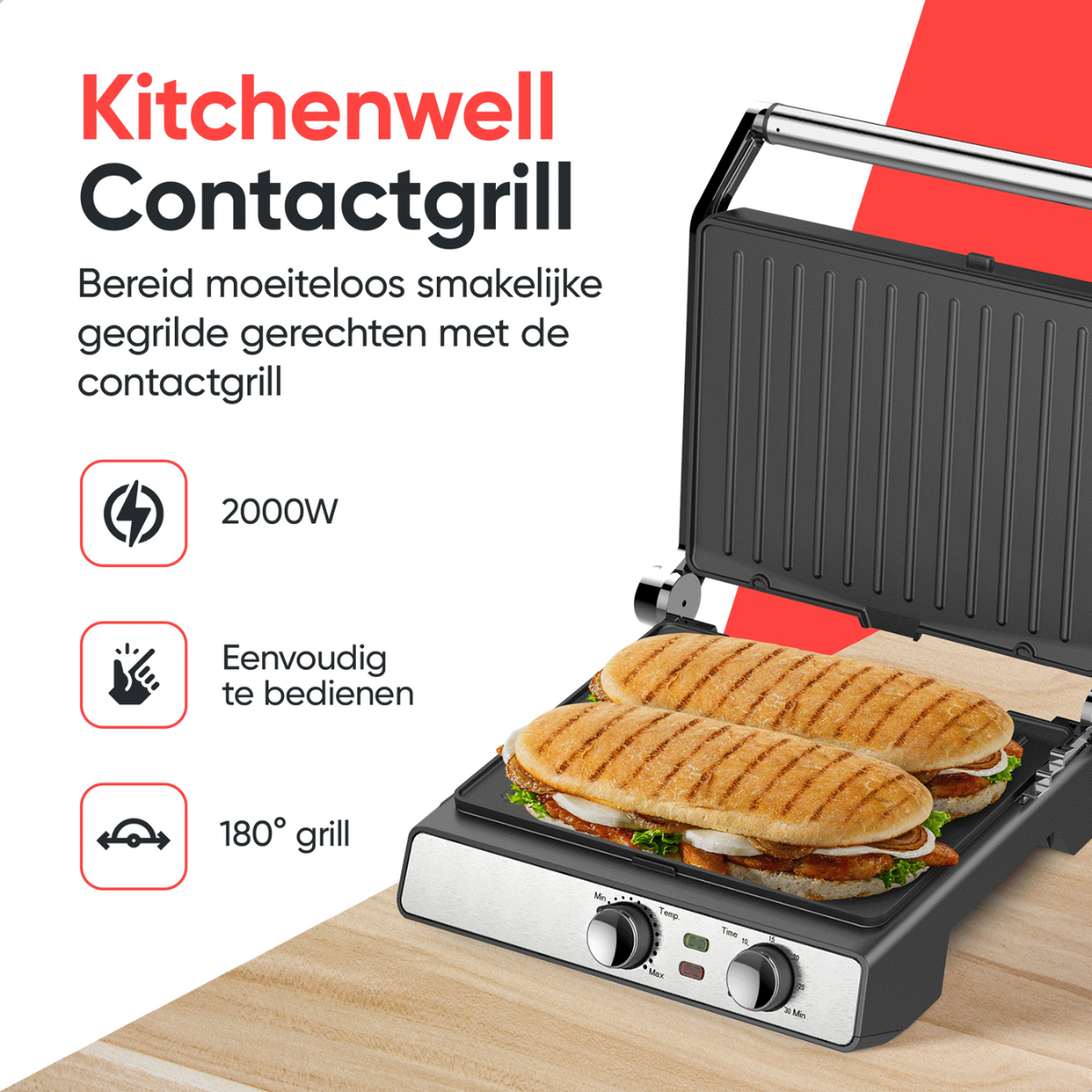 A contact grill with two sandwiches inside is shown on a wooden surface. Text labels are displayed.
