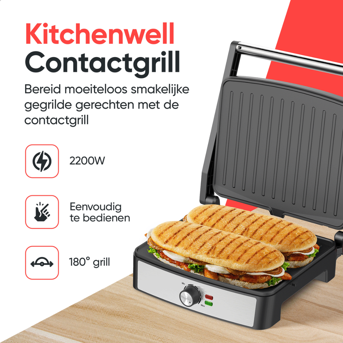 Kitchenwell contact grill with two sandwiches. The grill is black and silver on a wooden surface.