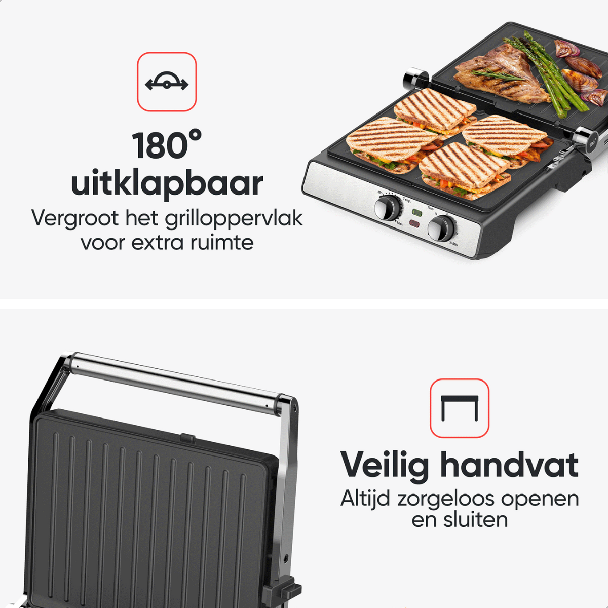 Grill with sandwiches and asparagus. Text: 180° foldable. Safe handle. The grill is black and silver.