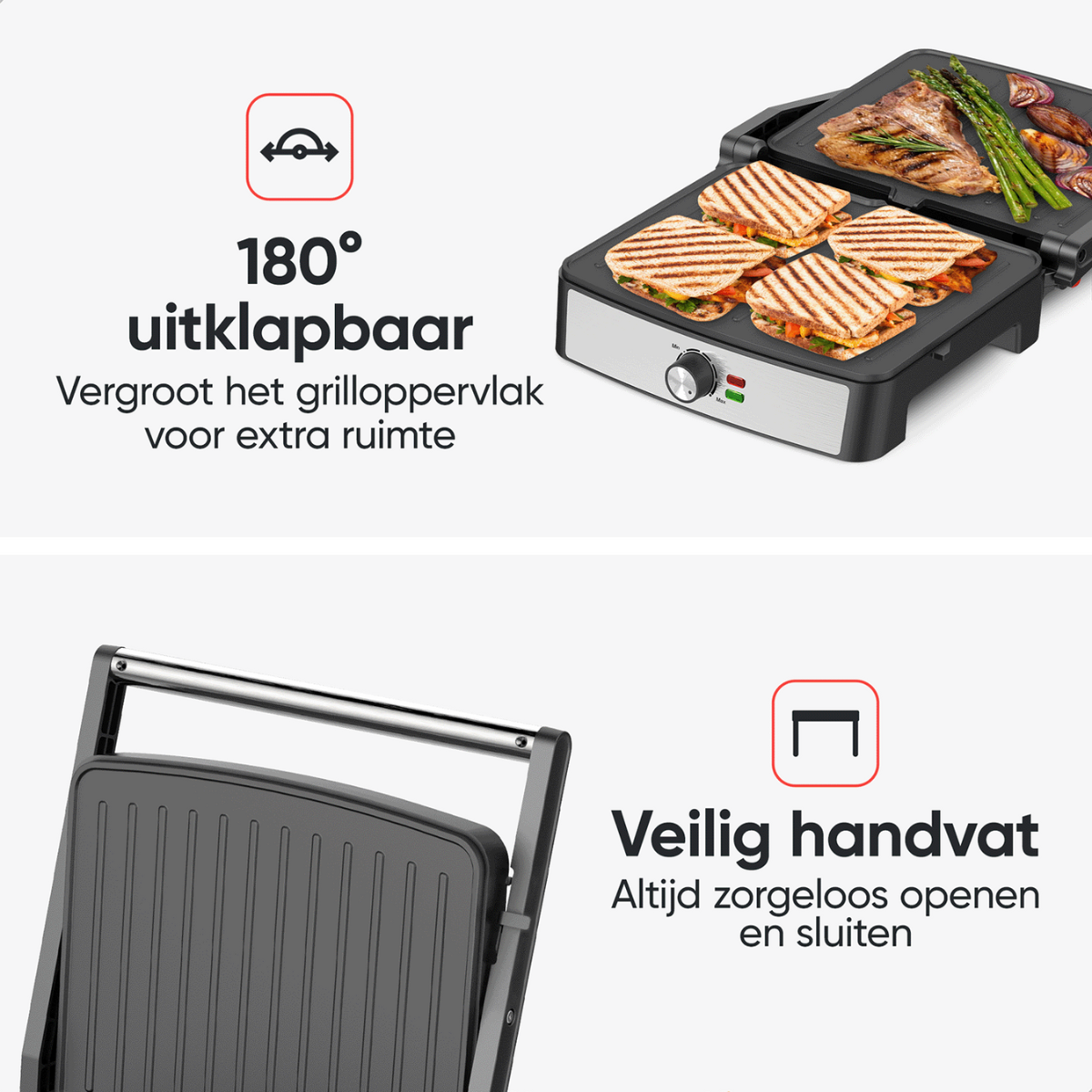 A grill with food on it, and the text '180° uitklapbaar'.