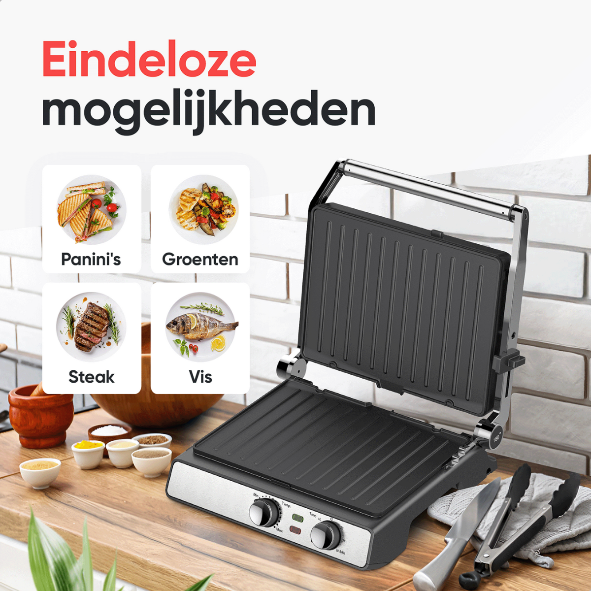 A panini grill with open lid, with images of various foods on the left side.