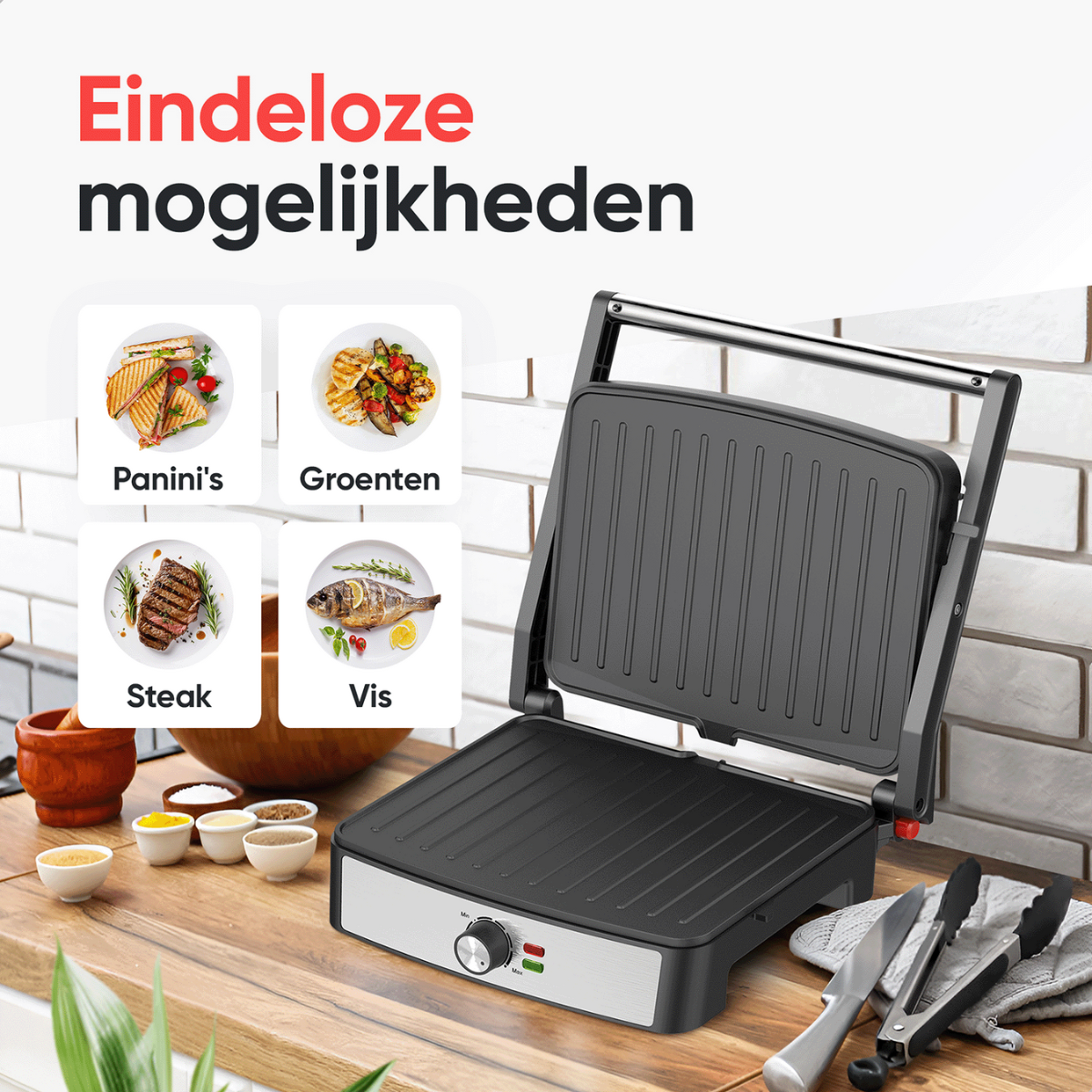 Open grill with various food images: paninis, vegetables, steak, and fish, on a wooden surface.