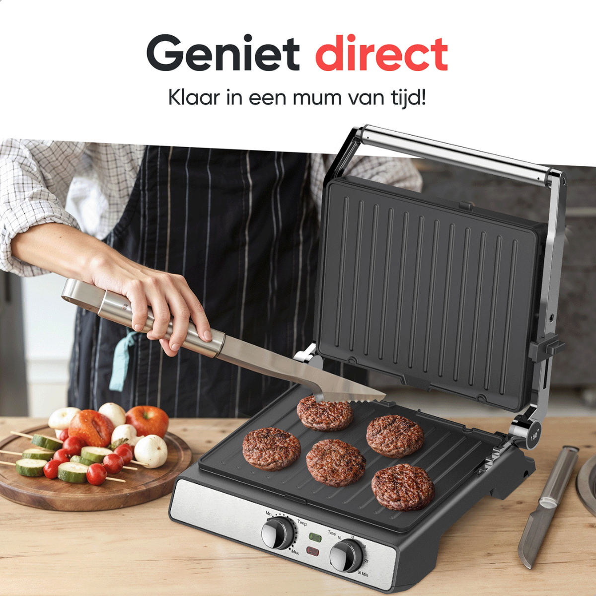 Person using tongs to flip burgers on a grill. Vegetables are on the side. Text says "Enjoy directly".